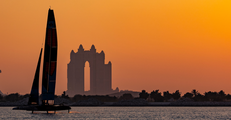 NORTHSTAR SailGP Team helmed by Giles Scott sail past the Atlantis during a practice session at sunset ahead of the Mubadala Abu Dhabi Sail Grand Prix 2025 Season Grand Final presented by Abu Dhabi Sports Council held in Abu Dhabi, United Arab Emirates, Thursday 27 November 2025
