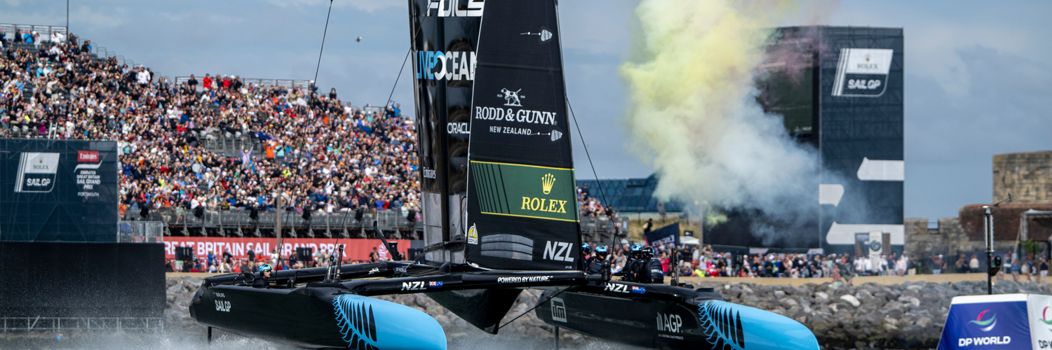 New Zealand SailGP Team helmed by Peter Burling cross the finish line to claim victory on Race Day 2 of the Emirates Great Britain Sail Grand Prix in Portsmouth, UK. Sunday 20 July 2025