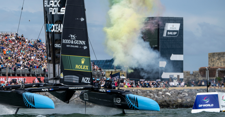 New Zealand SailGP Team helmed by Peter Burling cross the finish line to claim victory on Race Day 2 of the Emirates Great Britain Sail Grand Prix in Portsmouth, UK. Sunday 20 July 2025