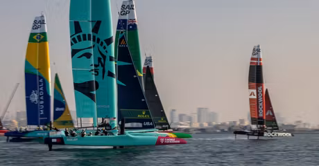 The USA SailGP Team helmed by Taylor Canfield sail amongst the fleet during a practice session ahead of the Emirates Dubai Sail Grand Prix presented by P&O Marinas in Dubai, UAE. Thursday 21 November 2024