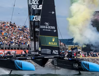 New Zealand SailGP Team helmed by Peter Burling cross the finish line to claim victory on Race Day 2 of the Emirates Great Britain Sail Grand Prix in Portsmouth, UK. Sunday 20 July 2025