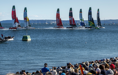 The SailGP F50 catamaran fleet is led by the France SailGP F50 catamaran helmed by Quentin Delapierre in-front of the SailGP Grandstand and SailGP Race Stadium on Race Day 2 of the Germany Sail Grand Prix in Sassnitz, Germany. Sunday 17 August 2025