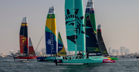 The USA SailGP Team helmed by Taylor Canfield sail amongst the fleet during a practice session ahead of the Emirates Dubai Sail Grand Prix presented by P&O Marinas in Dubai, UAE. Thursday 21 November 2024