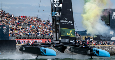New Zealand SailGP Team helmed by Peter Burling cross the finish line to claim victory on Race Day 2 of the Emirates Great Britain Sail Grand Prix in Portsmouth, UK. Sunday 20 July 2025