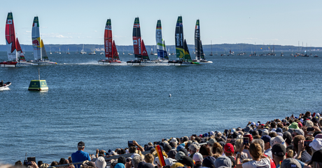 The SailGP F50 catamaran fleet is led by the France SailGP F50 catamaran helmed by Quentin Delapierre in-front of the SailGP Grandstand and SailGP Race Stadium on Race Day 2 of the Germany Sail Grand Prix in Sassnitz, Germany. Sunday 17 August 2025