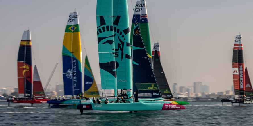 The USA SailGP Team helmed by Taylor Canfield sail amongst the fleet during a practice session ahead of the Emirates Dubai Sail Grand Prix presented by P&O Marinas in Dubai, UAE. Thursday 21 November 2024