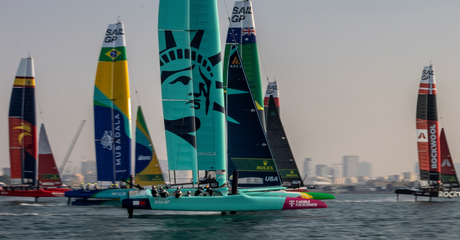 The USA SailGP Team helmed by Taylor Canfield sail amongst the fleet during a practice session ahead of the Emirates Dubai Sail Grand Prix presented by P&O Marinas in Dubai, UAE. Thursday 21 November 2024