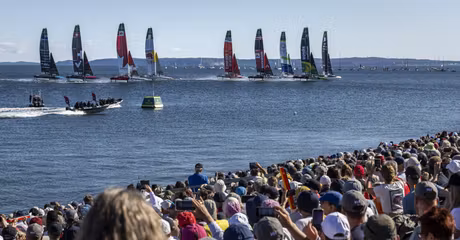 France SailGP F50 in-front of the SailGP Grandstand and SailGP Race Stadium on Race Day 2 of the Germany Sail Grand Prix in Sassnitz_Kieran_Cleeves