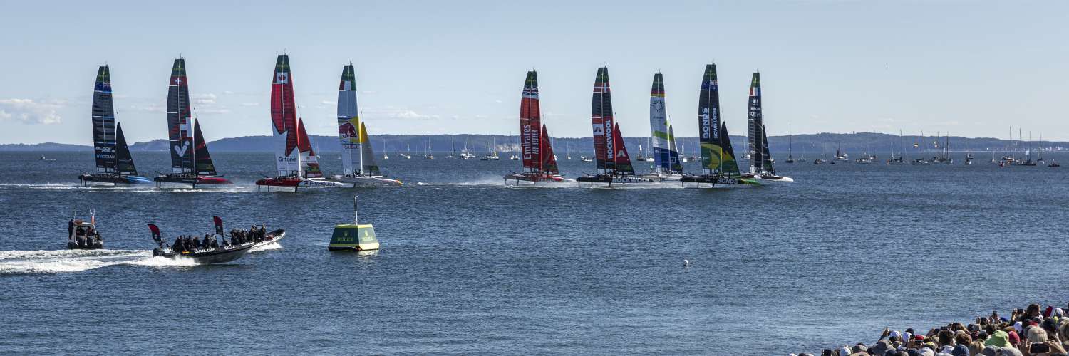 France SailGP F50 in-front of the SailGP Grandstand and SailGP Race Stadium on Race Day 2 of the Germany Sail Grand Prix in Sassnitz_Kieran_Cleeves