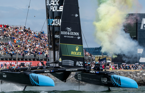New Zealand SailGP Team helmed by Peter Burling cross the finish line to claim victory on Race Day 2 of the Emirates Great Britain Sail Grand Prix in Portsmouth, UK. Sunday 20 July 2025