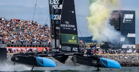 New Zealand SailGP Team helmed by Peter Burling cross the finish line to claim victory on Race Day 2 of the Emirates Great Britain Sail Grand Prix in Portsmouth, UK. Sunday 20 July 2025