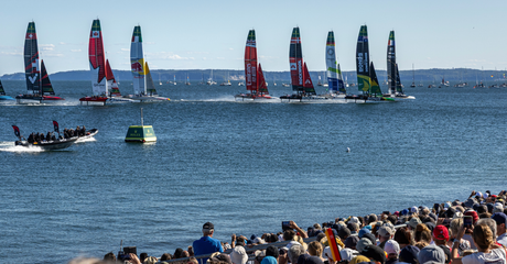 The SailGP F50 catamaran fleet is led by the France SailGP F50 catamaran helmed by Quentin Delapierre in-front of the SailGP Grandstand and SailGP Race Stadium on Race Day 2 of the Germany Sail Grand Prix in Sassnitz, Germany. Sunday 17 August 2025
