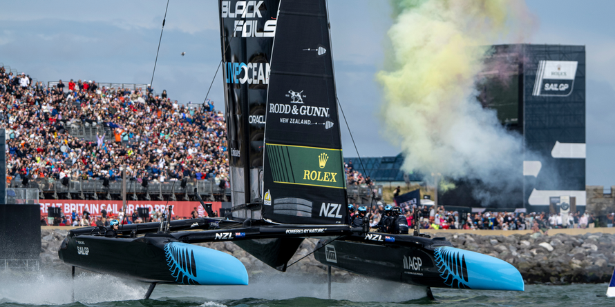 New Zealand SailGP Team helmed by Peter Burling cross the finish line to claim victory on Race Day 2 of the Emirates Great Britain Sail Grand Prix in Portsmouth, UK. Sunday 20 July 2025