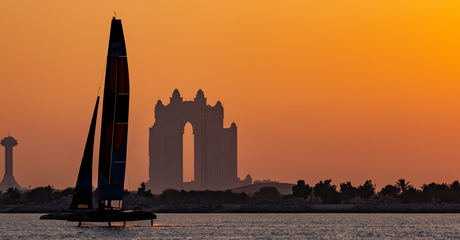 NORTHSTAR SailGP Team helmed by Giles Scott sail past the Atlantis during a practice session at sunset ahead of the Mubadala Abu Dhabi Sail Grand Prix 2025 Season Grand Final presented by Abu Dhabi Sports Council held in Abu Dhabi, United Arab Emirates, Thursday 27 November 2025