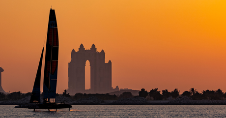 NORTHSTAR SailGP Team helmed by Giles Scott sail past the Atlantis during a practice session at sunset ahead of the Mubadala Abu Dhabi Sail Grand Prix 2025 Season Grand Final presented by Abu Dhabi Sports Council held in Abu Dhabi, United Arab Emirates, Thursday 27 November 2025