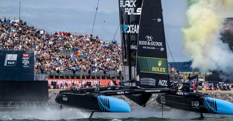 New Zealand SailGP Team helmed by Peter Burling cross the finish line to claim victory on Race Day 2 of the Emirates Great Britain Sail Grand Prix in Portsmouth, UK. Sunday 20 July 2025