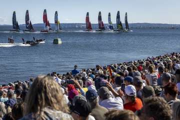 France SailGP F50 in-front of the SailGP Grandstand and SailGP Race Stadium on Race Day 2 of the Germany Sail Grand Prix in Sassnitz_Kieran_Cleeves
