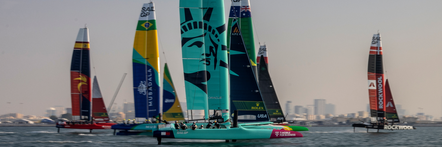 The USA SailGP Team helmed by Taylor Canfield sail amongst the fleet during a practice session ahead of the Emirates Dubai Sail Grand Prix presented by P&O Marinas in Dubai, UAE. Thursday 21 November 2024