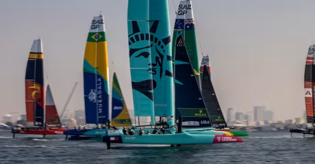 The USA SailGP Team helmed by Taylor Canfield sail amongst the fleet during a practice session ahead of the Emirates Dubai Sail Grand Prix presented by P&O Marinas in Dubai, UAE. Thursday 21 November 2024
