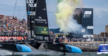 New Zealand SailGP Team helmed by Peter Burling cross the finish line to claim victory on Race Day 2 of the Emirates Great Britain Sail Grand Prix in Portsmouth, UK. Sunday 20 July 2025