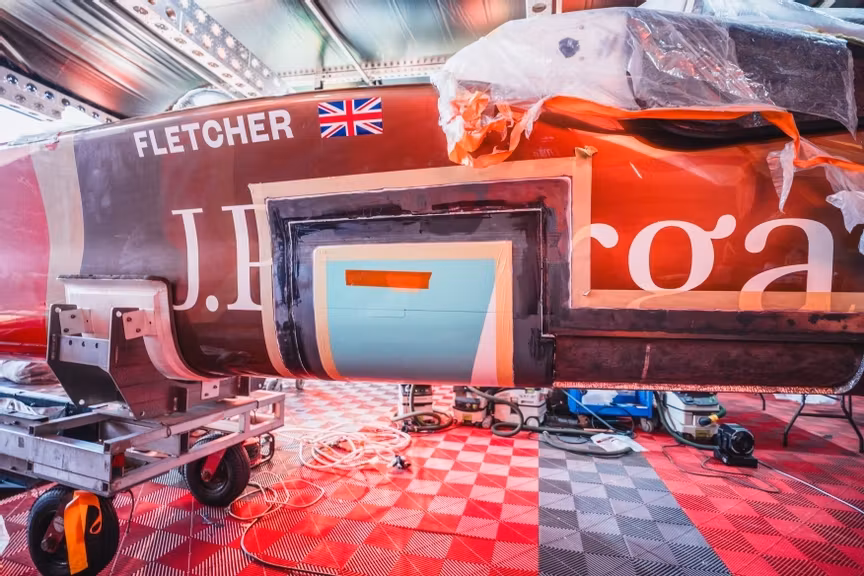 GBR_SailGP_repair_to_hull_after_crash_with_USA_Sassnitz_2025