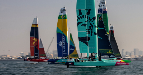 The USA SailGP Team helmed by Taylor Canfield sail amongst the fleet during a practice session ahead of the Emirates Dubai Sail Grand Prix presented by P&O Marinas in Dubai, UAE. Thursday 21 November 2024