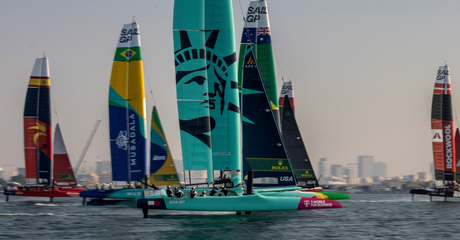 The USA SailGP Team helmed by Taylor Canfield sail amongst the fleet during a practice session ahead of the Emirates Dubai Sail Grand Prix presented by P&O Marinas in Dubai, UAE. Thursday 21 November 2024