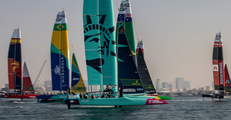 The USA SailGP Team helmed by Taylor Canfield sail amongst the fleet during a practice session ahead of the Emirates Dubai Sail Grand Prix presented by P&O Marinas in Dubai, UAE. Thursday 21 November 2024