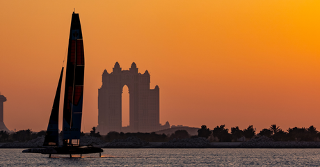 NORTHSTAR SailGP Team helmed by Giles Scott sail past the Atlantis during a practice session at sunset ahead of the Mubadala Abu Dhabi Sail Grand Prix 2025 Season Grand Final presented by Abu Dhabi Sports Council held in Abu Dhabi, United Arab Emirates, Thursday 27 November 2025