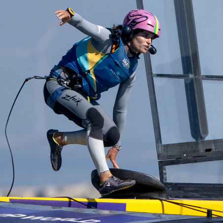 Martine Grael, driver of Mubadala Brazil SailGP Team runs across the boat, DP World Spain Sail Grand Prix