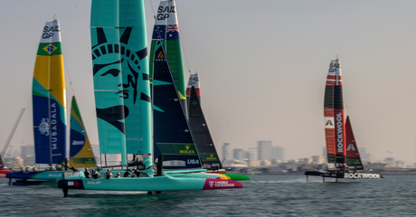 The USA SailGP Team helmed by Taylor Canfield sail amongst the fleet during a practice session ahead of the Emirates Dubai Sail Grand Prix presented by P&O Marinas in Dubai, UAE. Thursday 21 November 2024