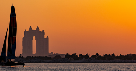 NORTHSTAR SailGP Team helmed by Giles Scott sail past the Atlantis during a practice session at sunset ahead of the Mubadala Abu Dhabi Sail Grand Prix 2025 Season Grand Final presented by Abu Dhabi Sports Council held in Abu Dhabi, United Arab Emirates, Thursday 27 November 2025