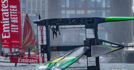 Australia SailGP Team helmed by Tom Slingsby capsize during the second race as Emirates Great Britain SailGP Team helmed by Giles Scott sail past on Race Day 2 of the ROCKWOOL Canada Sail Grand Prix in Halifax, Canada. Sunday 2nd June 2024